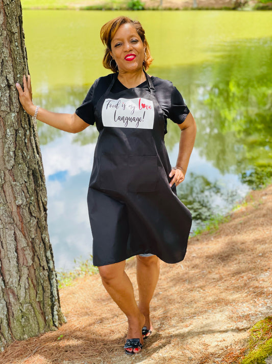Food is my Love Language! Black Unisex Apron with two front pockets.
